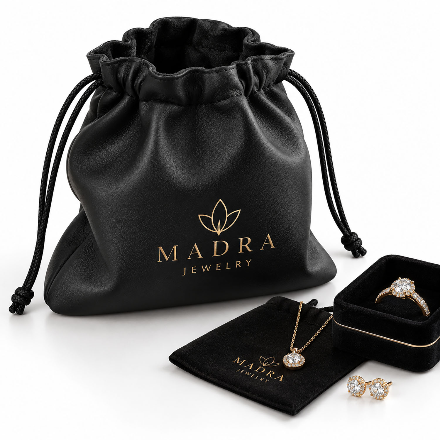 Black Faux Leather Jewelry Pouch With Logo