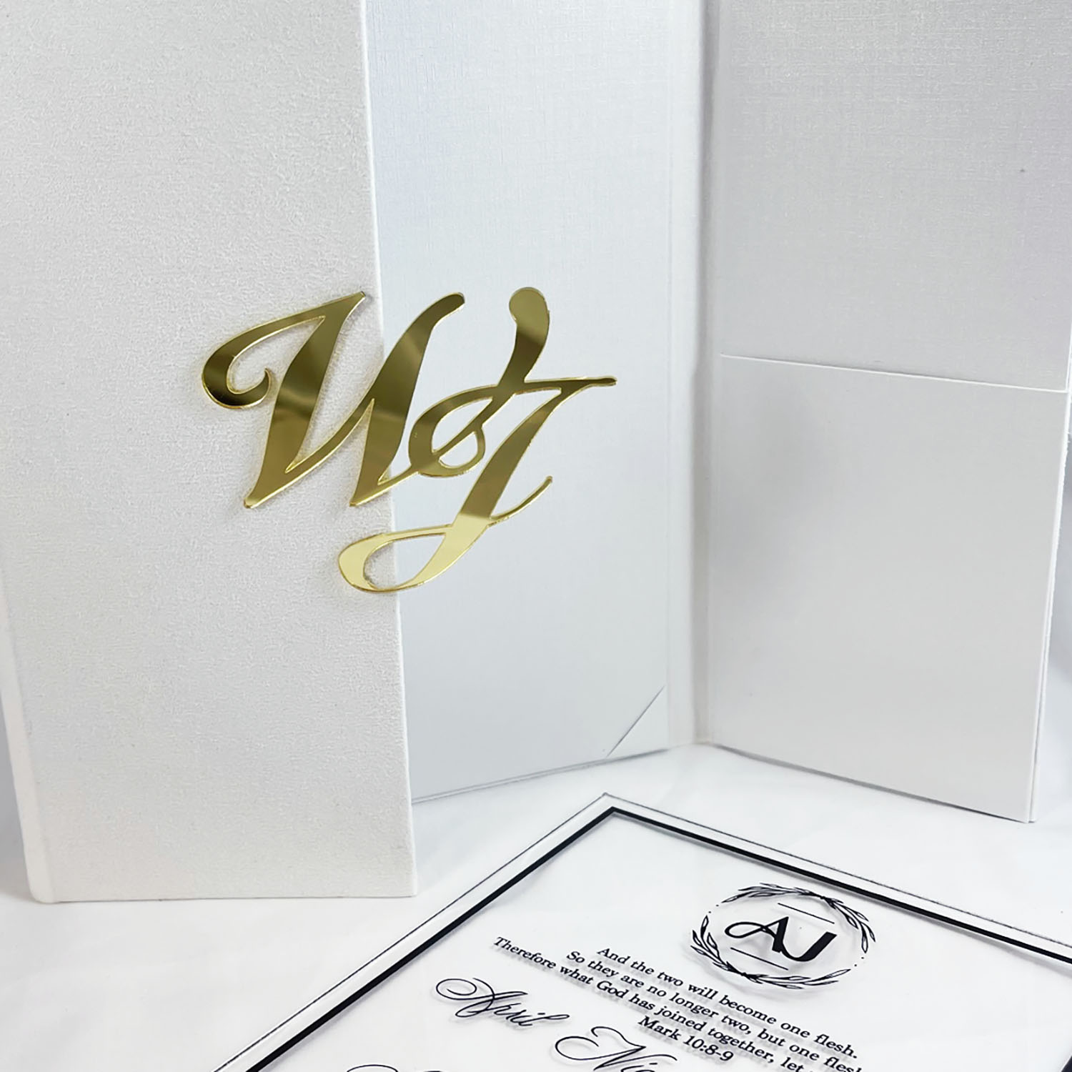 Navy Blue Velvet Invitation Folder With Golden Acrylic Monogram