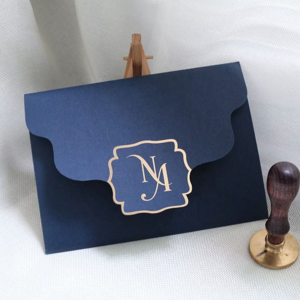 Navy Blue Hardcover Pocket Fold Envelope Luxury Wedding Invitations