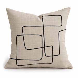 ustom silk-screen printed natural linen cushion cover with modern black geometric artwork on beige fabric, handmade in Thailand.