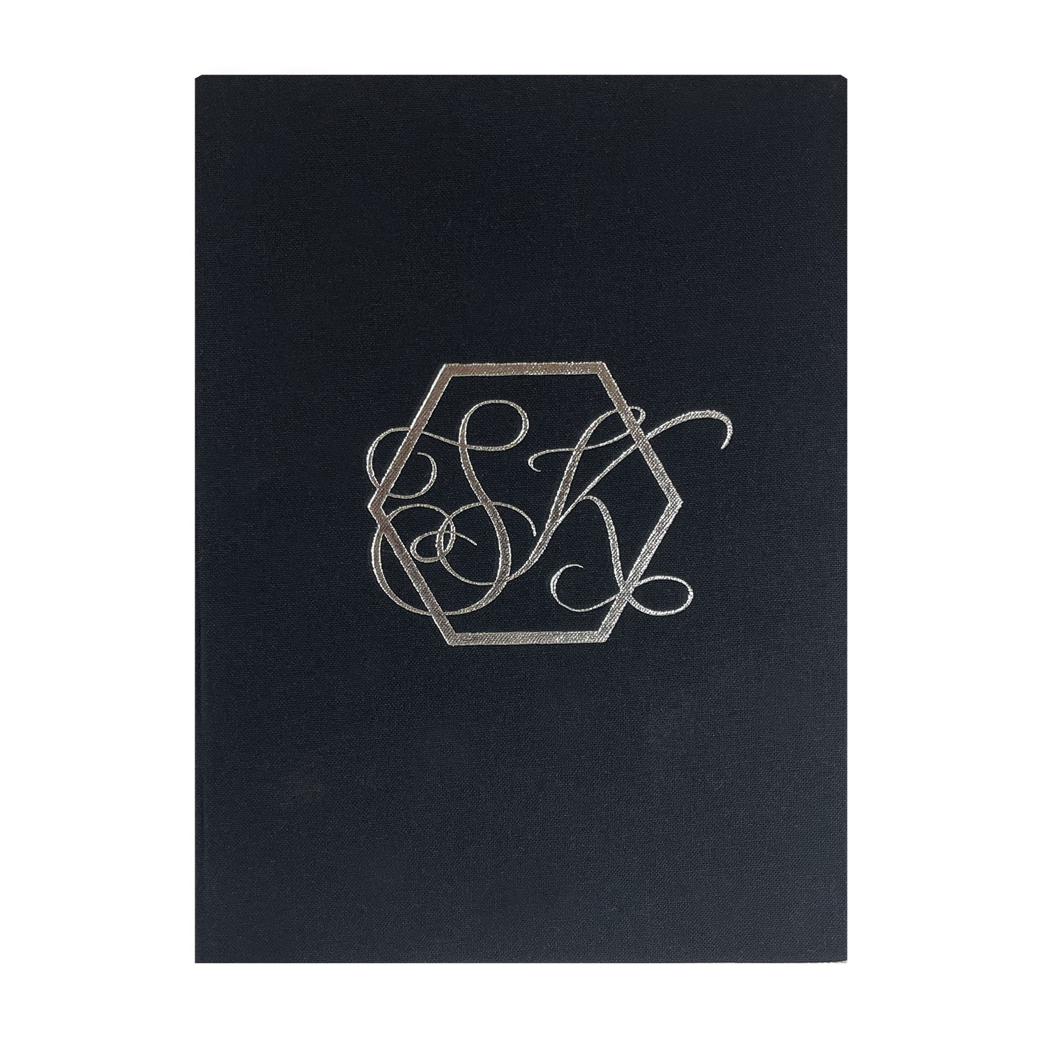 Silver monogram foil stamped hard-cover invitation
