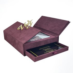 Burgundy wedding card drawer box with picture frame