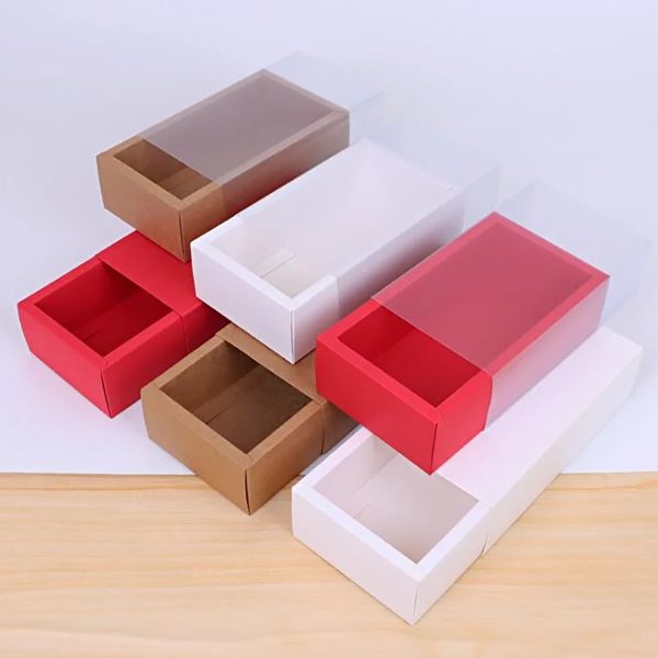 Red, white, kraft paper sliding box with transparent top