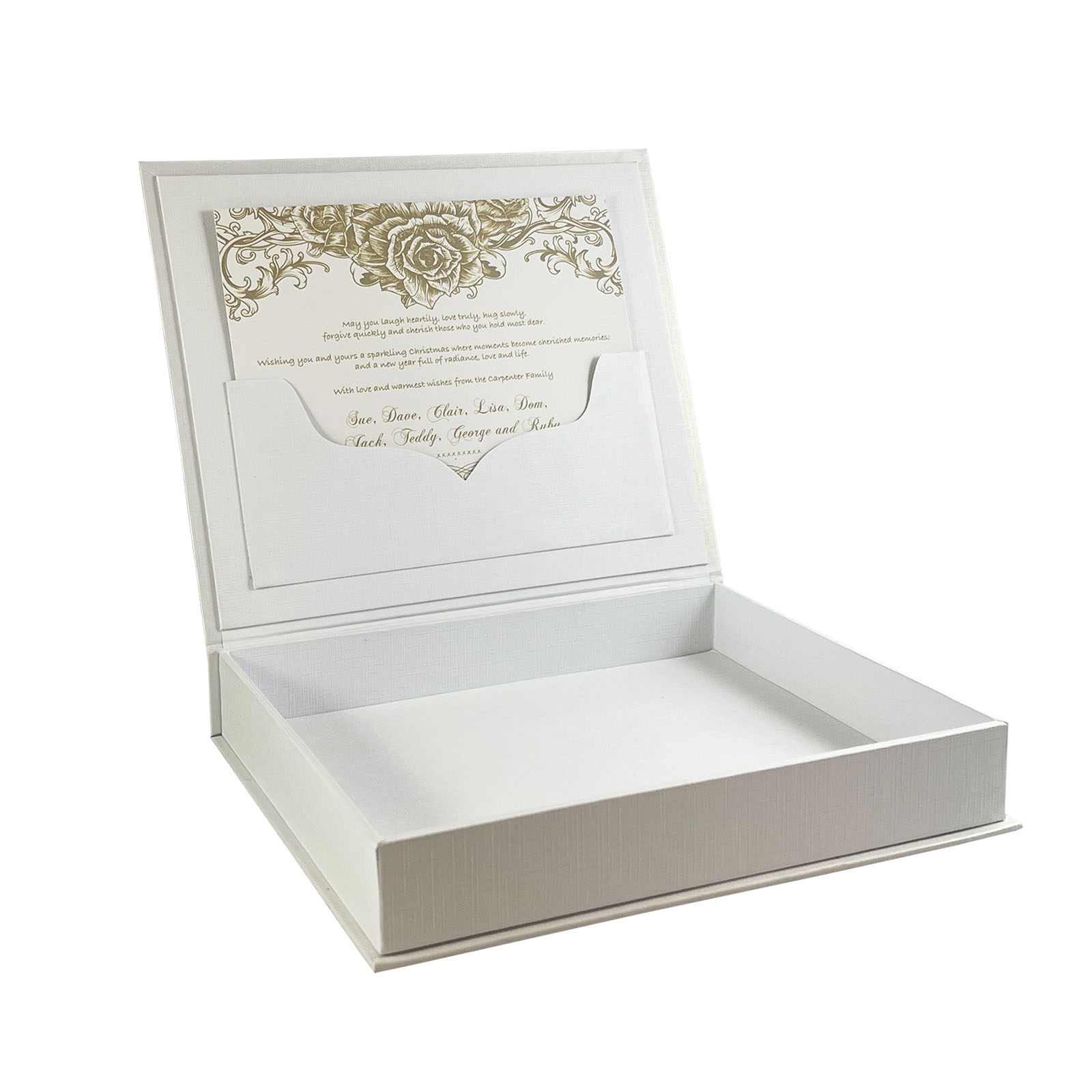 White paper wedding card box with monogram foil stamp