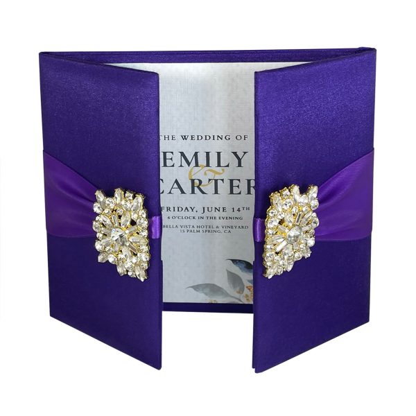 Purple hard cover gate fold silk wedding invitation folder with rhinestone brooch clasp