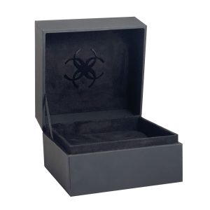 Luxury black soft touch paper jewelry box with black acrylic logo