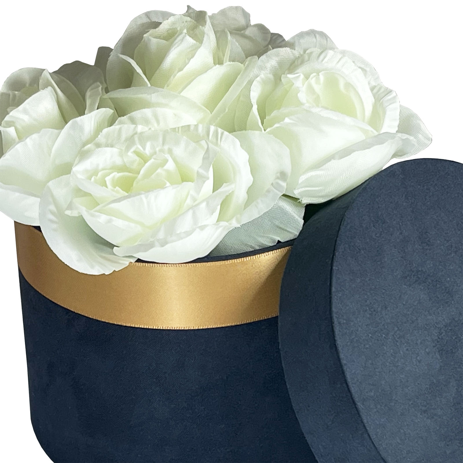 round suede flower box in navy blue with golden ribbon decoration and white fabric flowers
