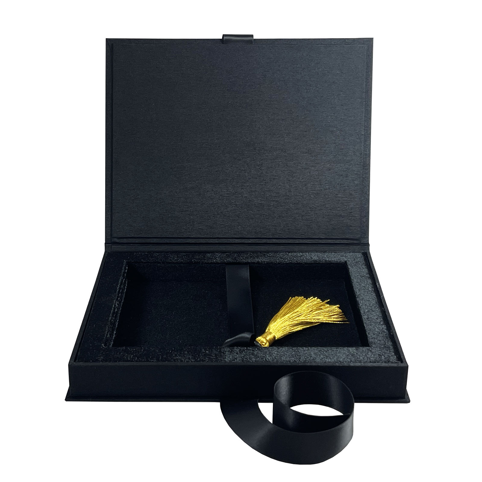 Hinged lid box with black silk and velvet for acrylic invitation cards