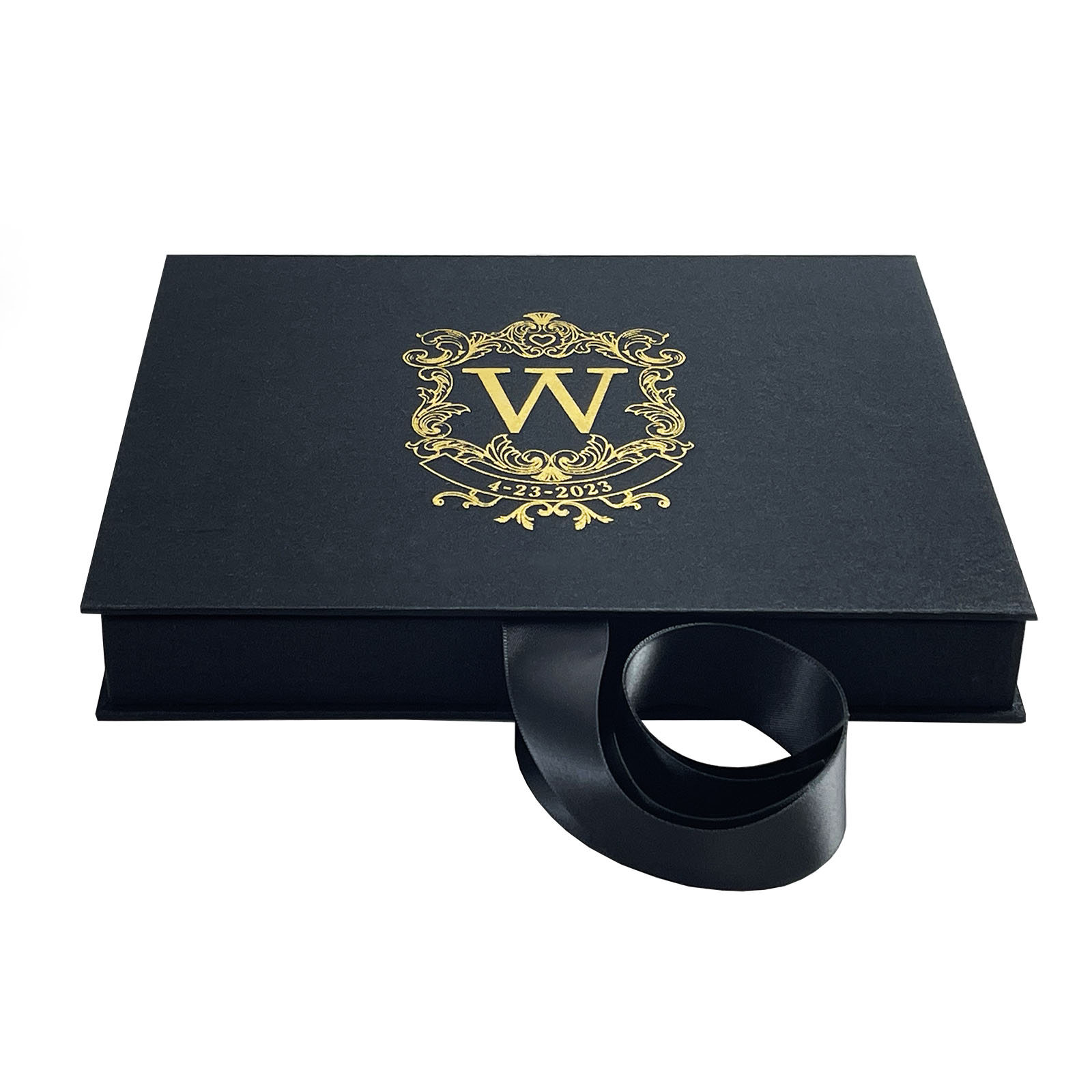 Black monogram invitation box for acrylic cards