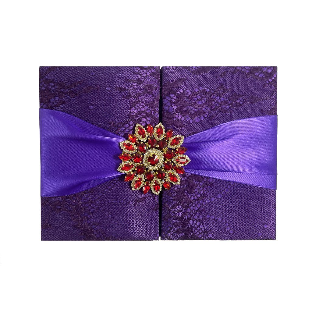 DARK MAGENTA SILK WEDDING INVITATION BOX WITH GOLD PLATED CRYSTAL CLASP ...