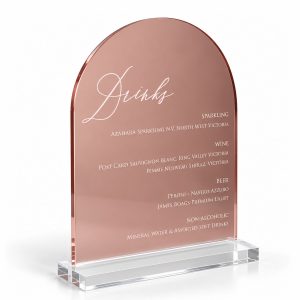 Gold mirror acrylic table card stand with clear acrylic base for luxury wedding table numbers, seating cards, and formal events.