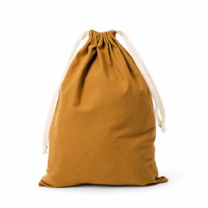 Mustard color cotton drawstring bag with natural cotton closure