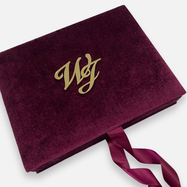 Burgundy velvet box with custom monogram