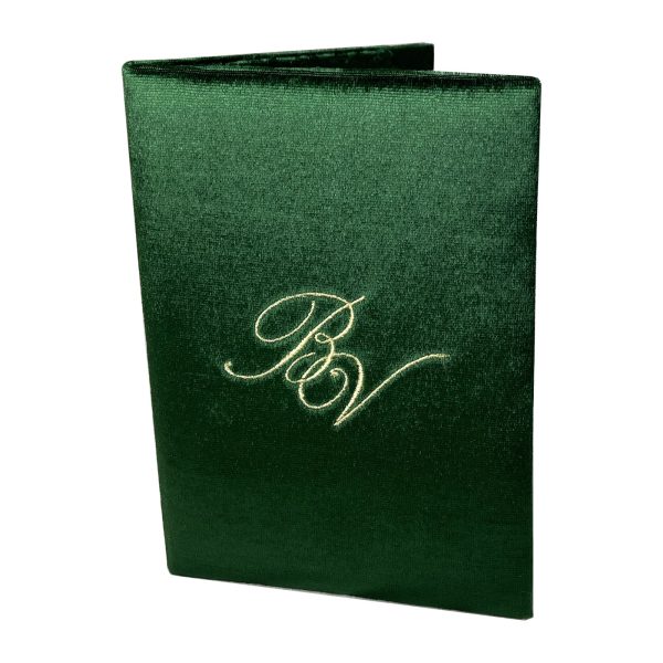 Monogram embroidered green velvet invitation folio