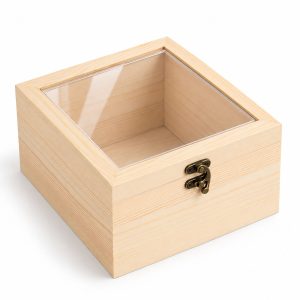 Pine wood box with acrylic lid and brass closure