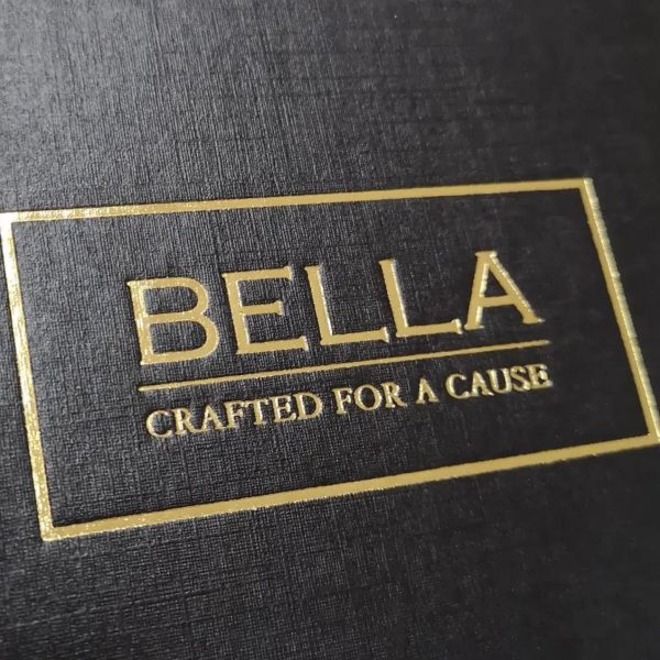 Gold foil stamped logo on box