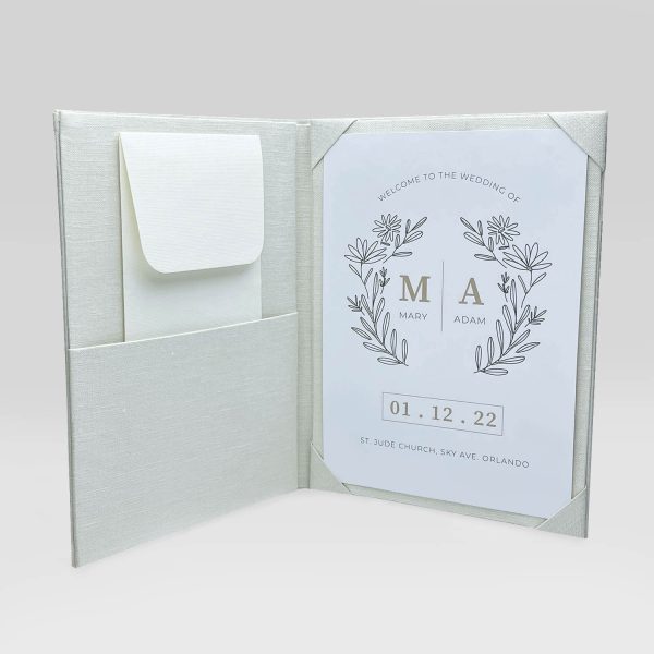 Ivory linen fabric folio invitation