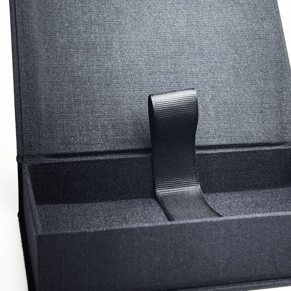 Zoomed in view of black linen photo storage box