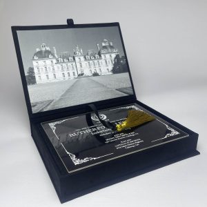 Black suede invitation box for acrylic cards