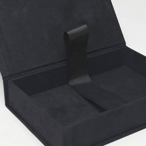 Close-up picture black suede photo storage box