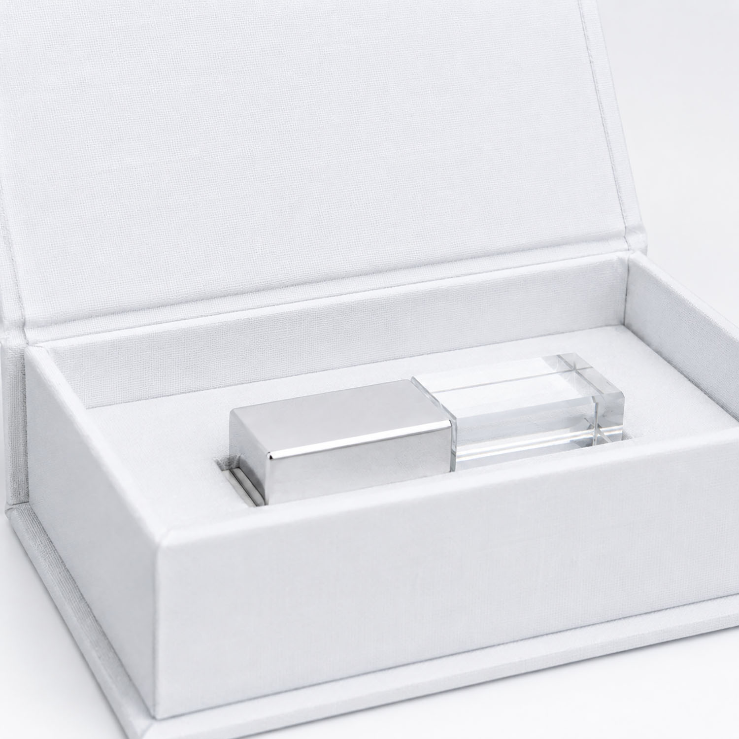 close up front white linen USB box