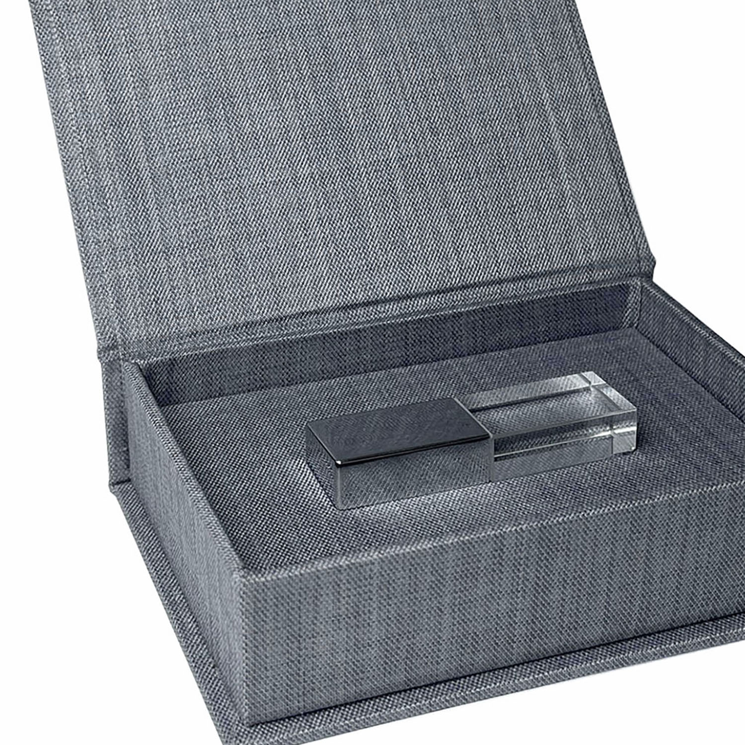 Close up grey linen photo storage box