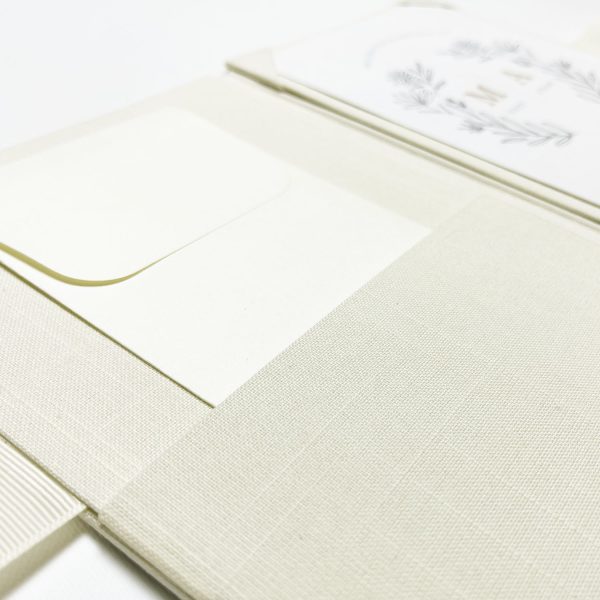 Close-up picture of cream linen folio for invitation cards