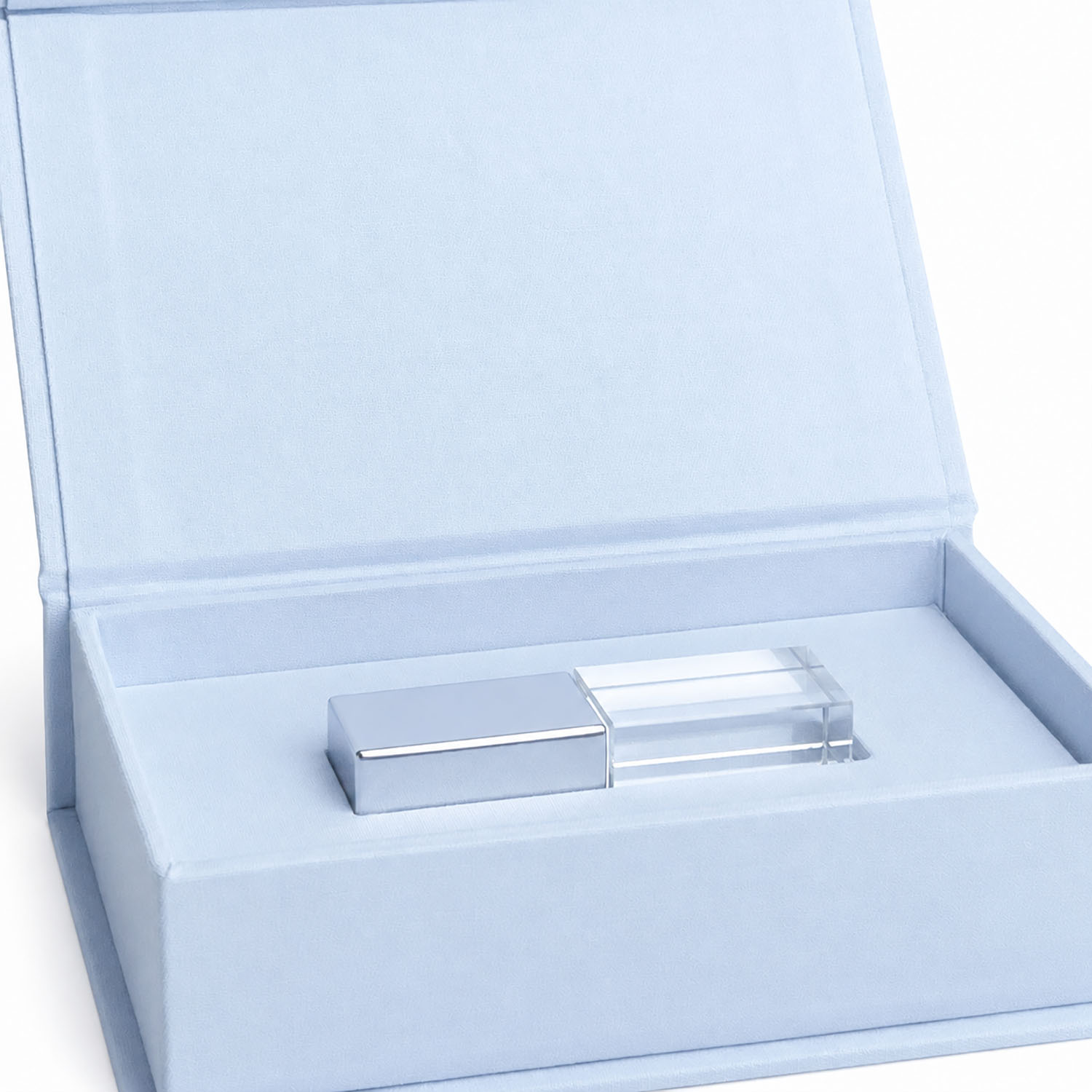Close up pale blue linen USB storage box