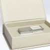 Close-up picture of pale khaki linen USB box