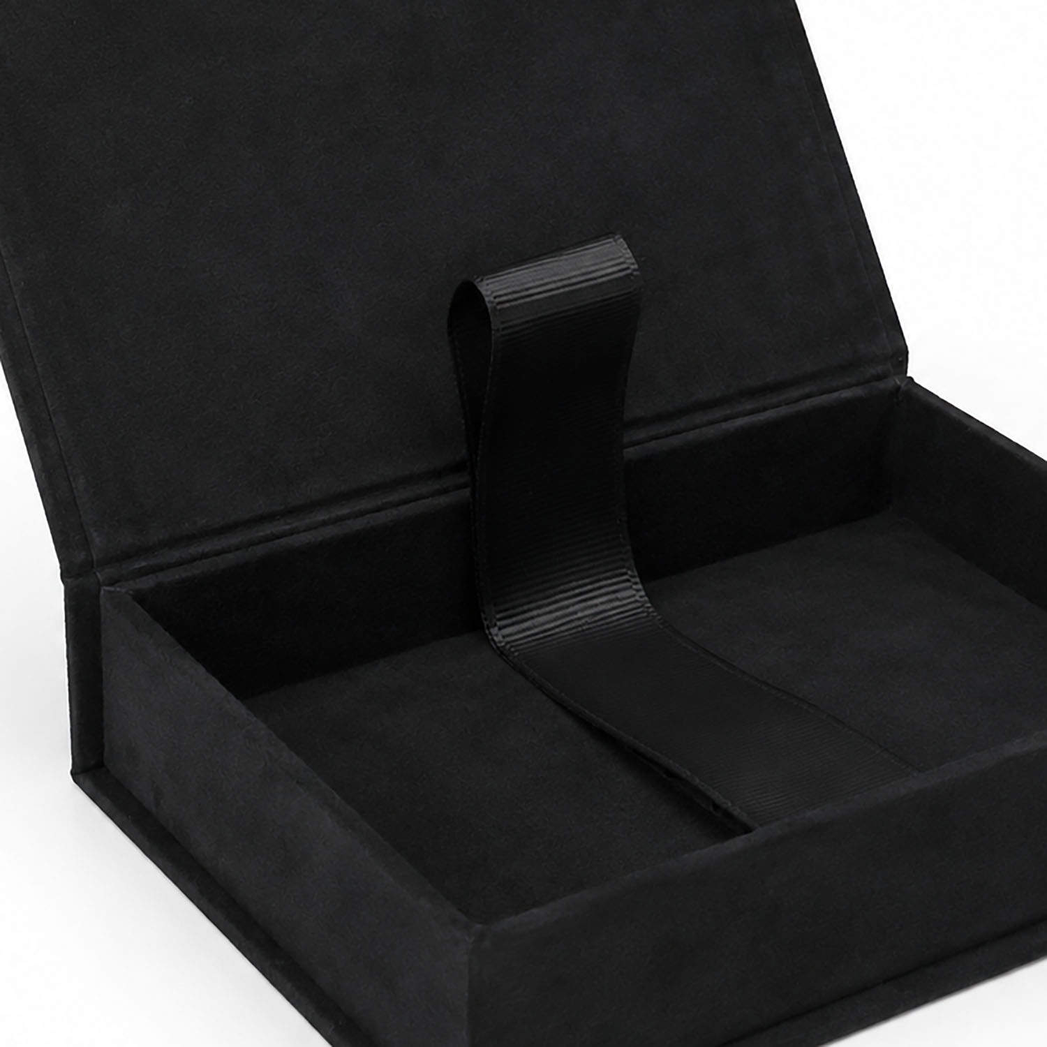 close up picture of black suede fabric photo storage box