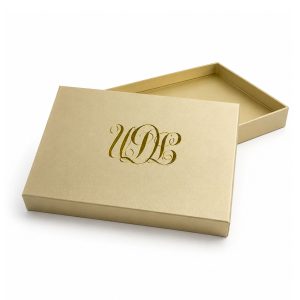 gold silk box with UV monogram