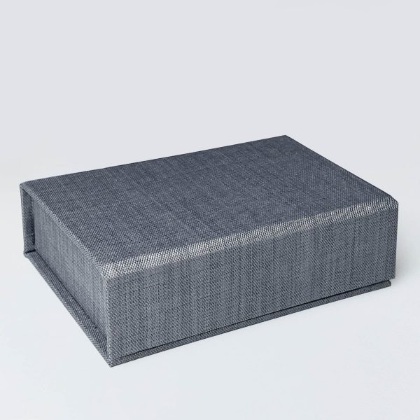 Grey linen USB storage box, shown with closed magnet lid