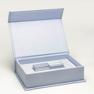 light blue linen photo box with magnet closure