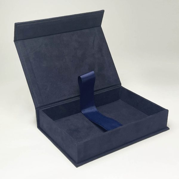 navy blue suede photo box with magnet closure