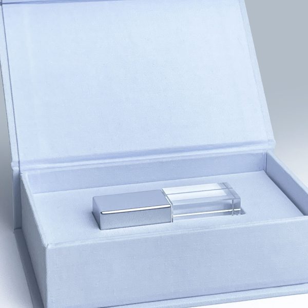 close-up of linen photo box in light blue