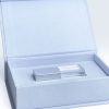 Close-up pale blue linen USB box