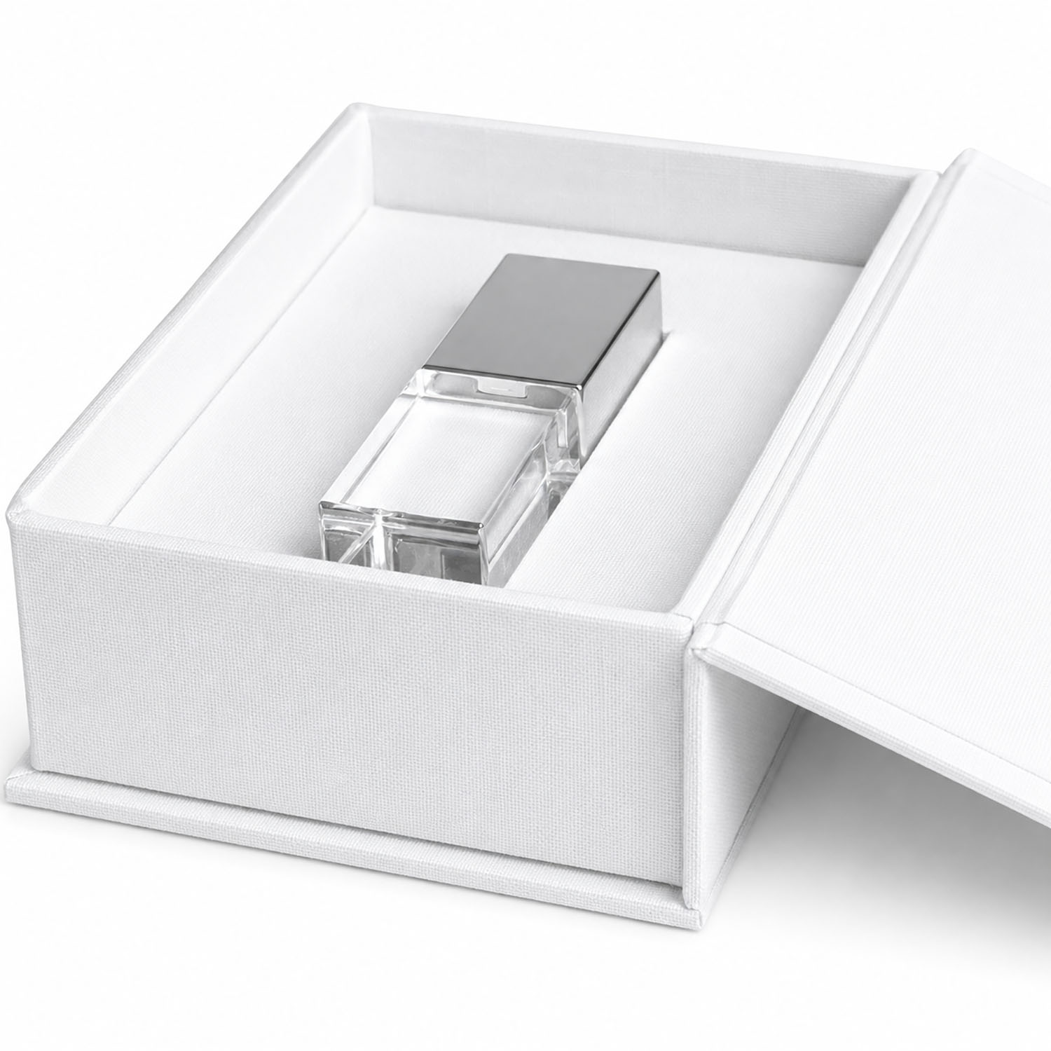 side view close up white linen USB box