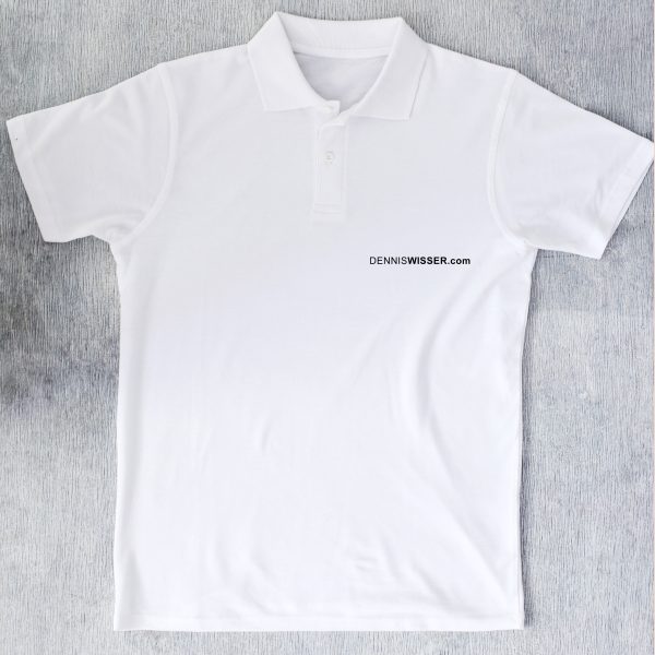 Example of one of our white polo shirts, custom printed with logo