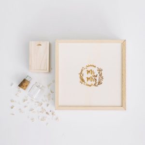 Pine wood sliding box with laser engraved wedding monogram