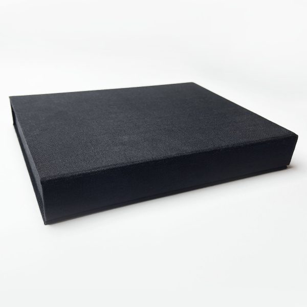 Black linen photo box, closed showing magnet lid closure