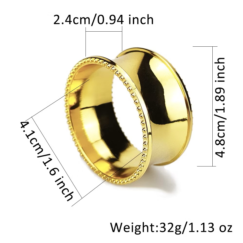 The picture shows the measurements of our golden Elegant Napkin Rings