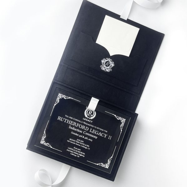 Detailed view of our black velvet invitation box for acrylic invitation cards