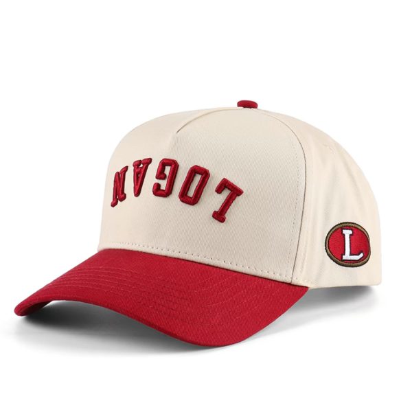 Red and beige baseball cap with embroidery