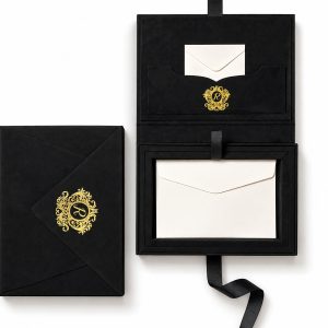 Luxury black velvet invitation box with gold foil monogram