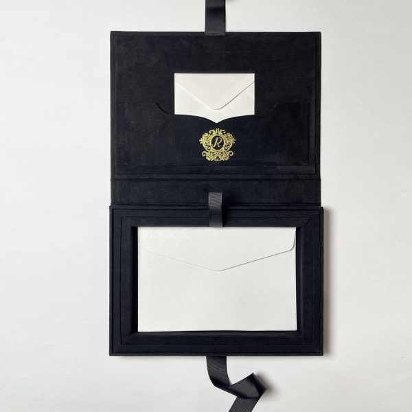 Black Velvet Invitation Box & Gold Foil-Stamped Monogram - Image 3