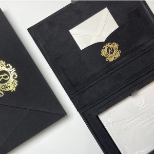 Black Velvet Invitation Box with Gold Foil Monogram