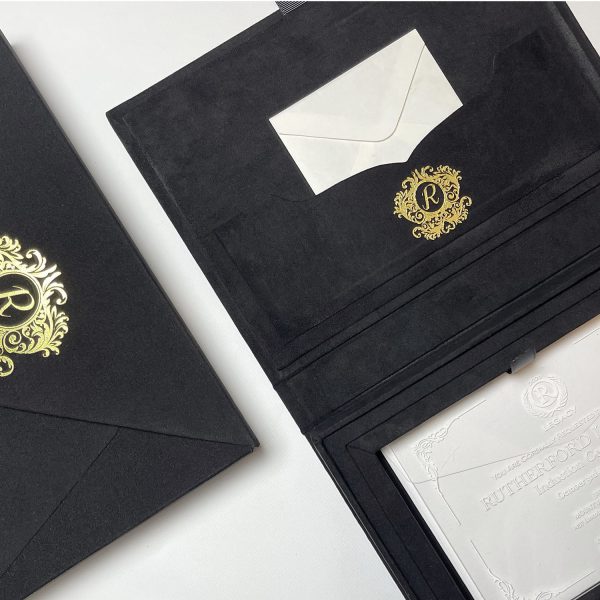 Black Velvet Invitation Box with Gold Foil Monogram
