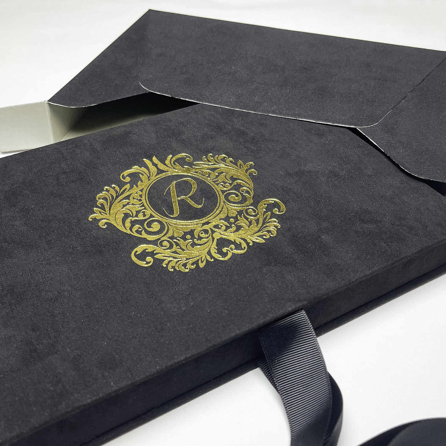 Monogram foil stamped velvet invitation box with matching velvet mailing envelope box Monogram foil stamped velvet invitation box with matching velvet mailing envelope box