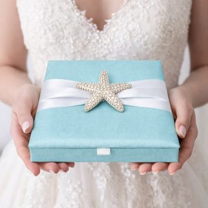 Aqua blue silk beach wedding invitation box
