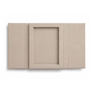 Opened view of beige gatefold invitation box for acrylic cards